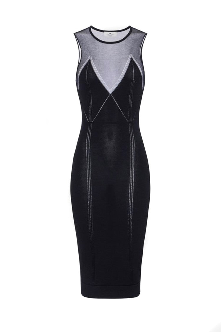 Elisabetta Franchi Black Sheer Mesh Yoke Ribbed Viscose-Blend Midi Dress