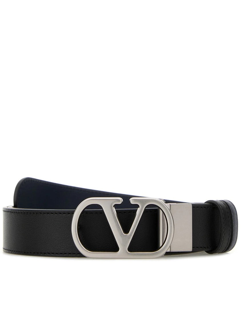 Valentino Black/Navy Reversible Leather V-Buckle Belt