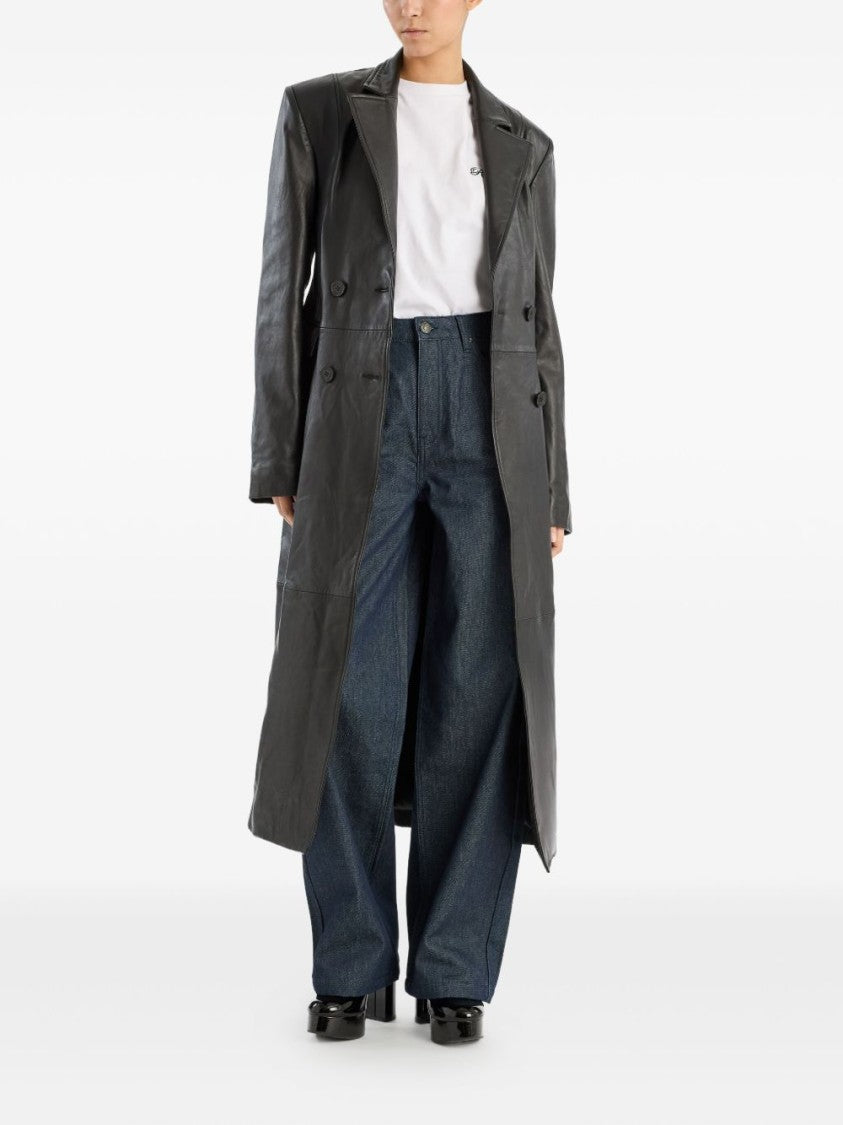 Rotate Double-Breasted Long Black Leather Jacket