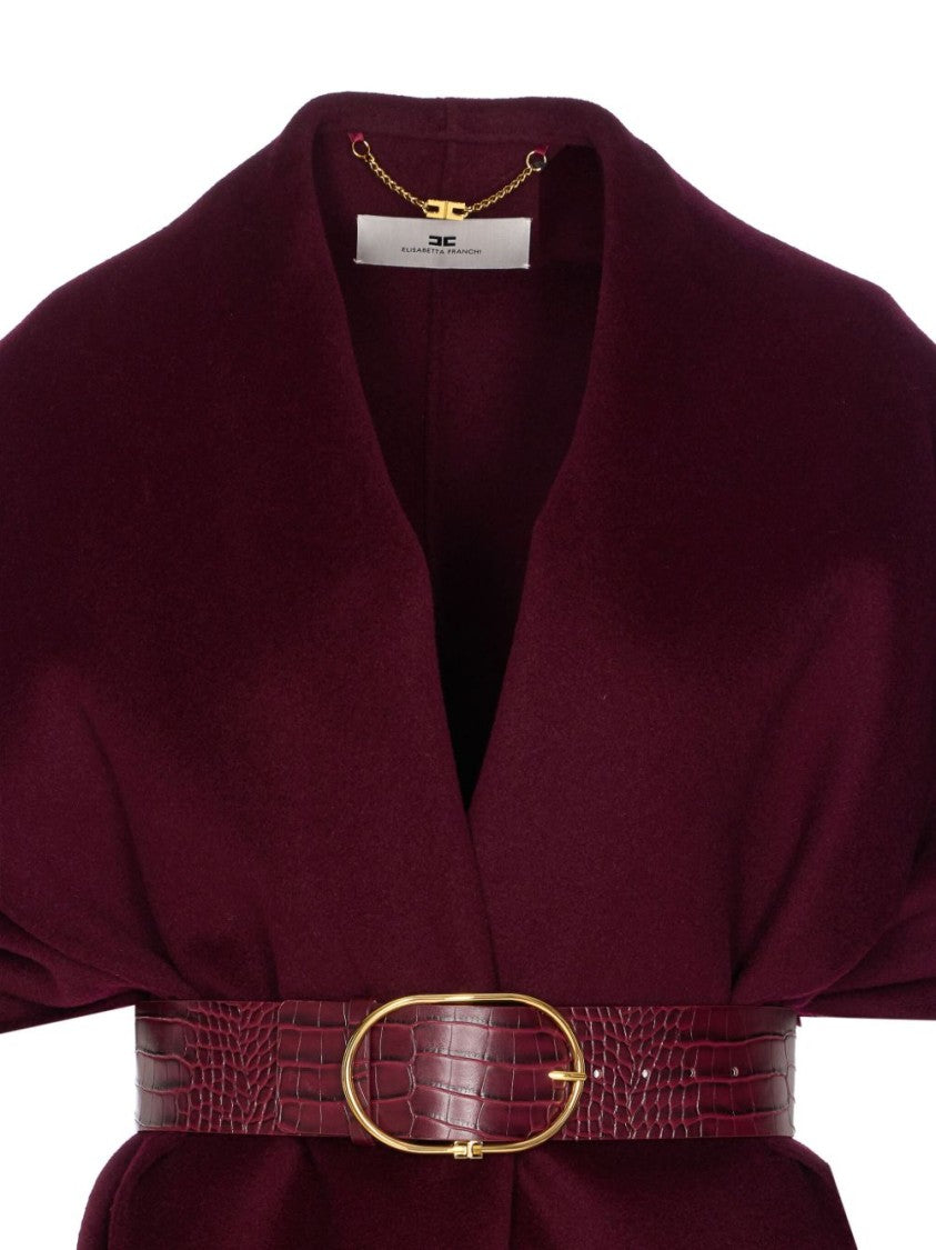 Elisabetta Franchi Structured Bordeaux Coat With Textured Belt