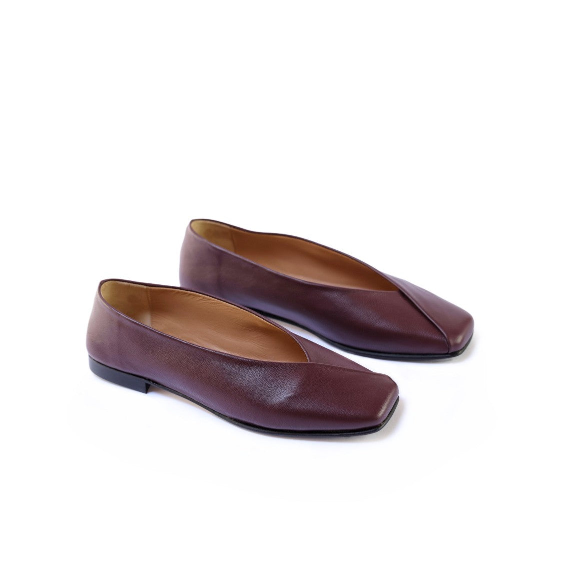 Ton Gout Burgundy Nappa Leather Ballerinas With Square Toe Design