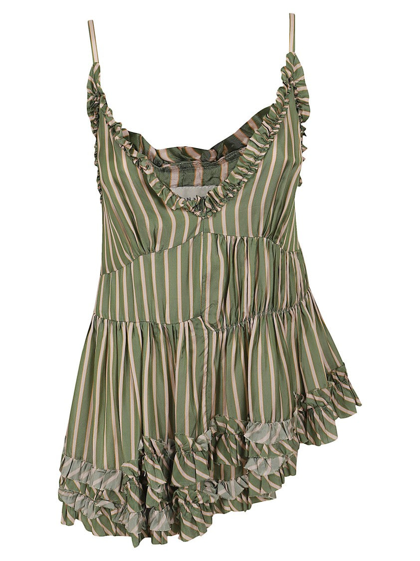 Dries Van Noten Asymmetrical Striped Satin Tank Top With Ruffled V-Neckline