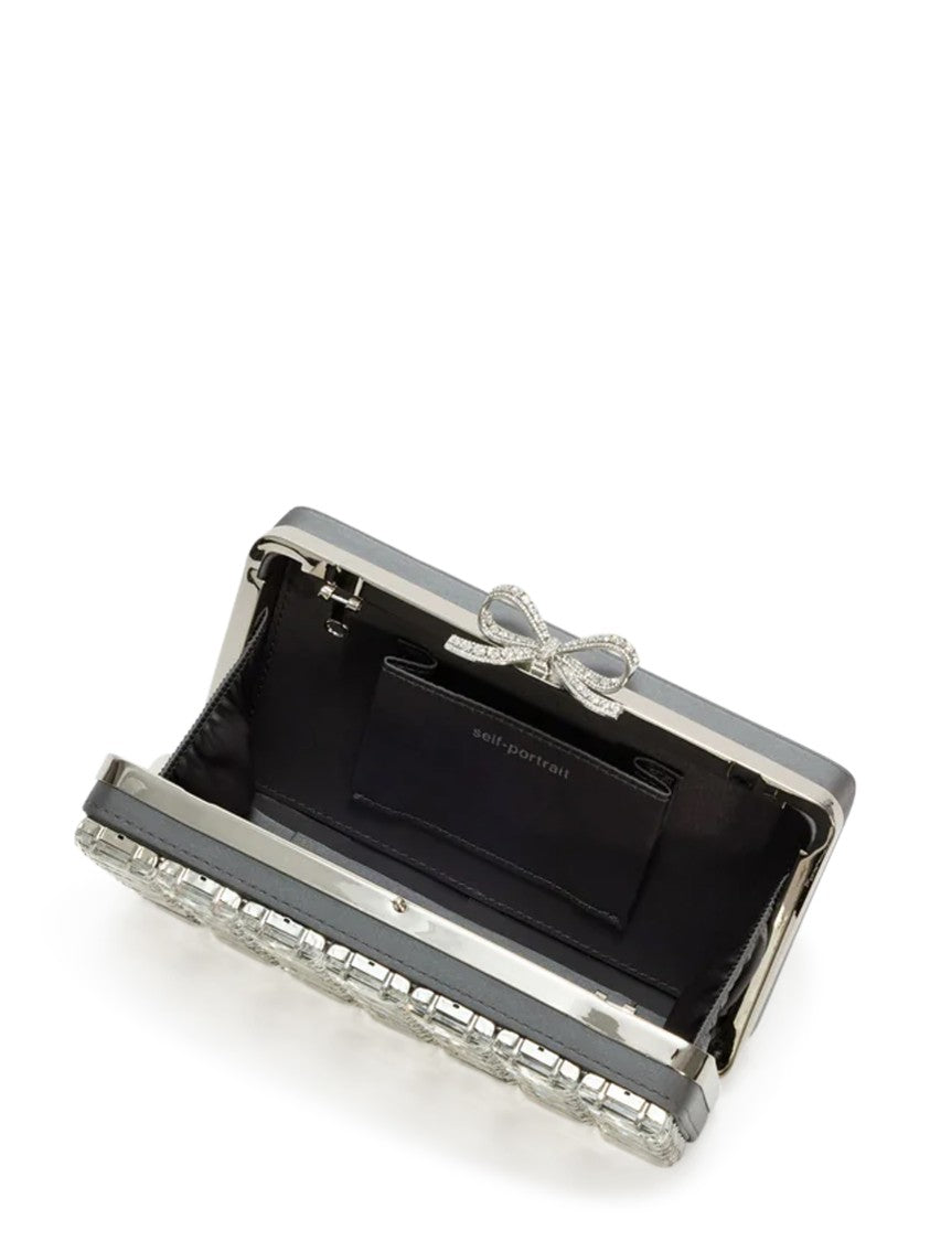 Self-Portrait Rectangular Grey Satin Crystal Clutch Bag