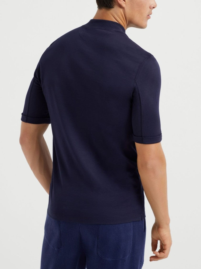 Brunello Cucinelli Navy Blue Mock Neck T-Shirt