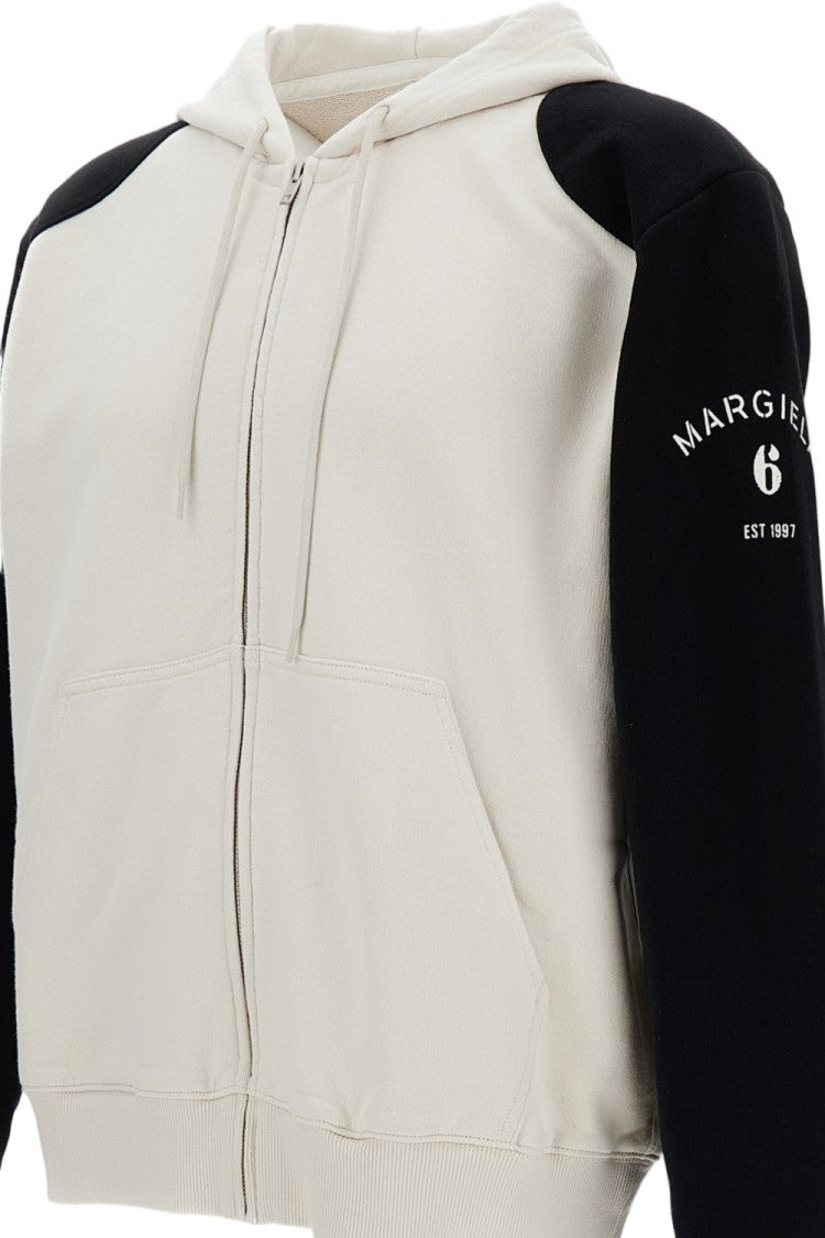 Mm6 By Maison Margiela White Black Cotton Panelled Zip Hoodie