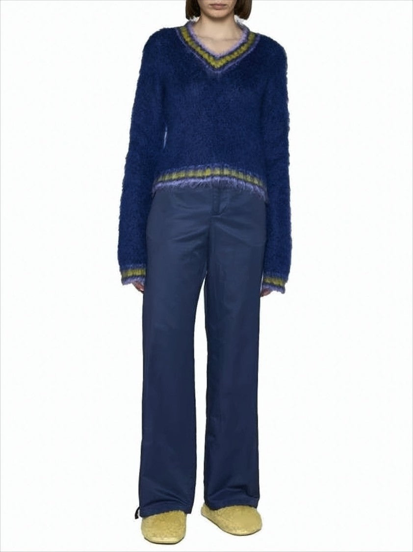Marni Cropped Fuzzy Sweater With V-Neckline And Contrasting Trim