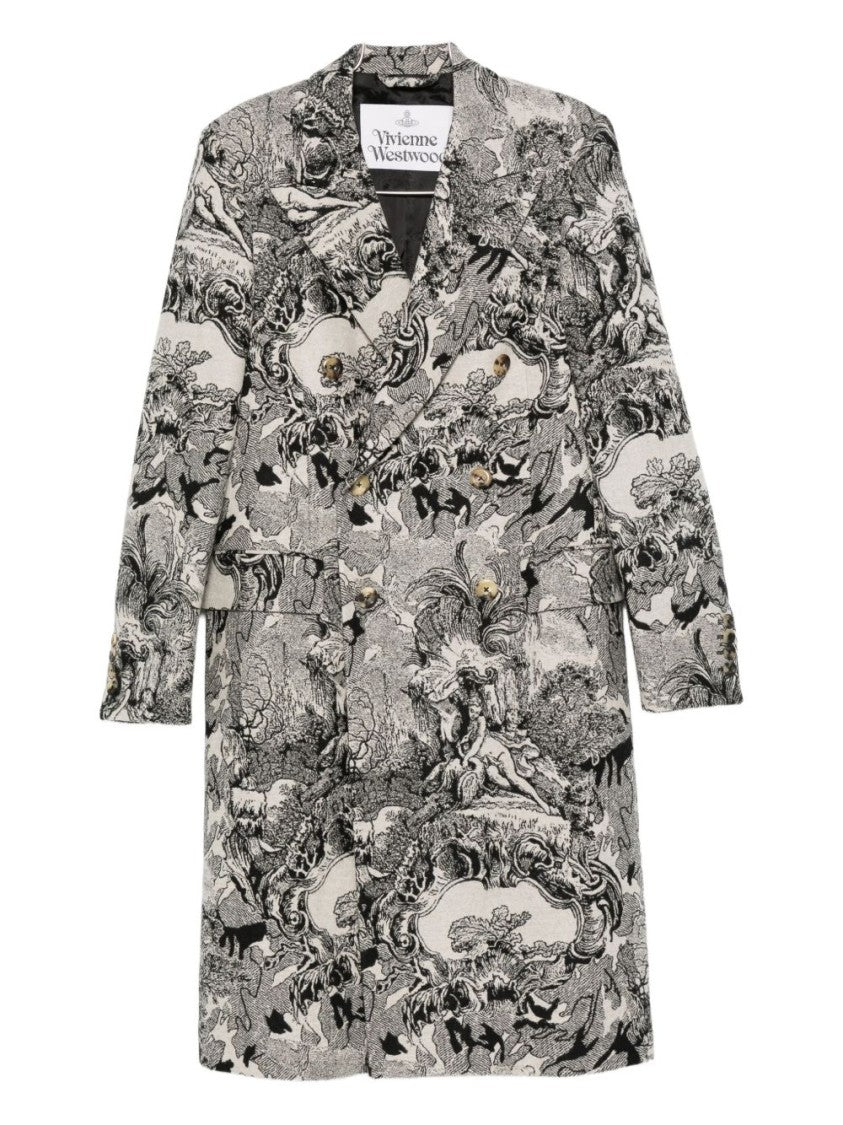 Vivienne Westwood Cream Black Baroque Print Button Coat
