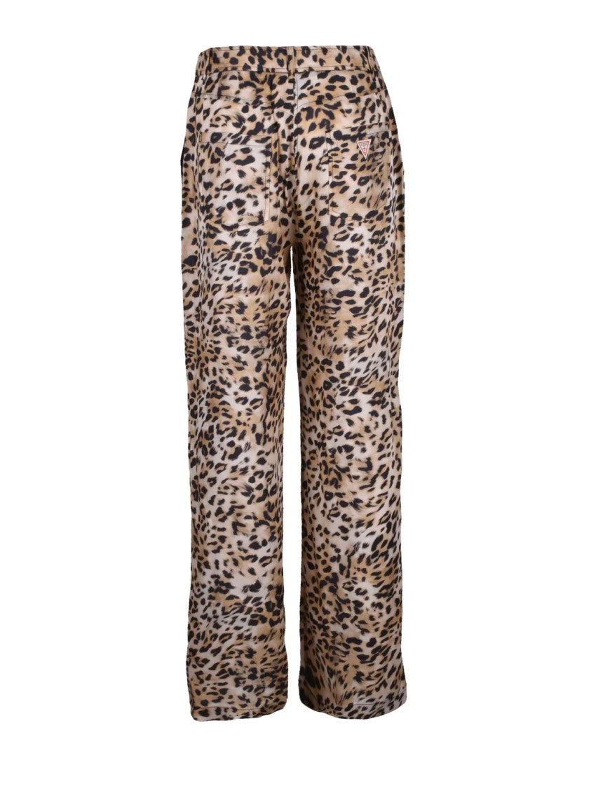 Guess Beige And Black Leopard Print Satin Wide Leg Trousers