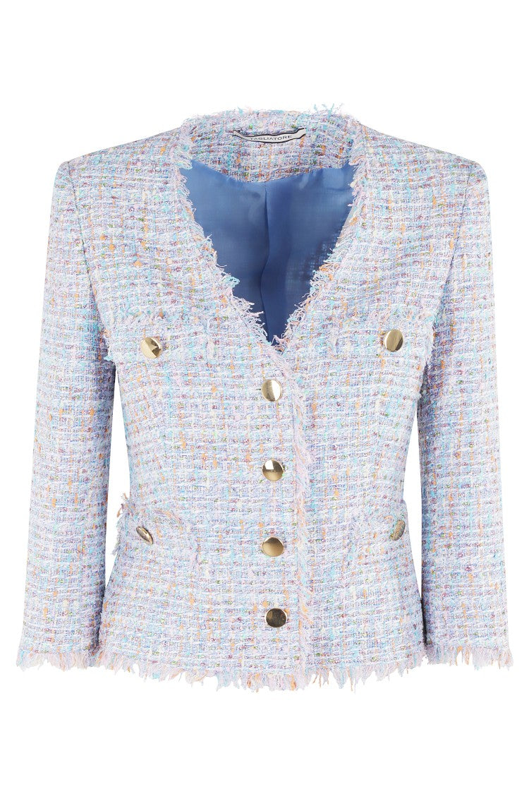 Tagliatore Multicolored Tweed Fitted Blazer With Frayed Edges