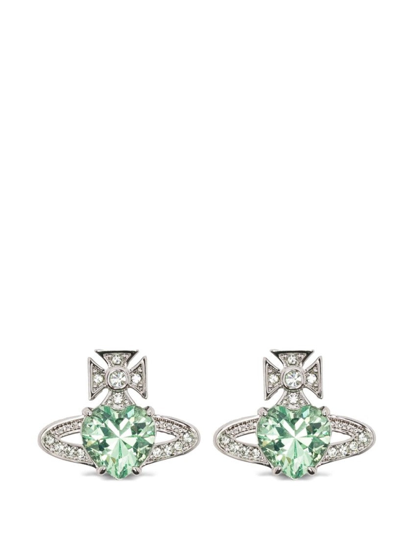 Vivienne Westwood Heart-Shaped Green Gemstone Stud Earrings With Silver-Tone Accents
