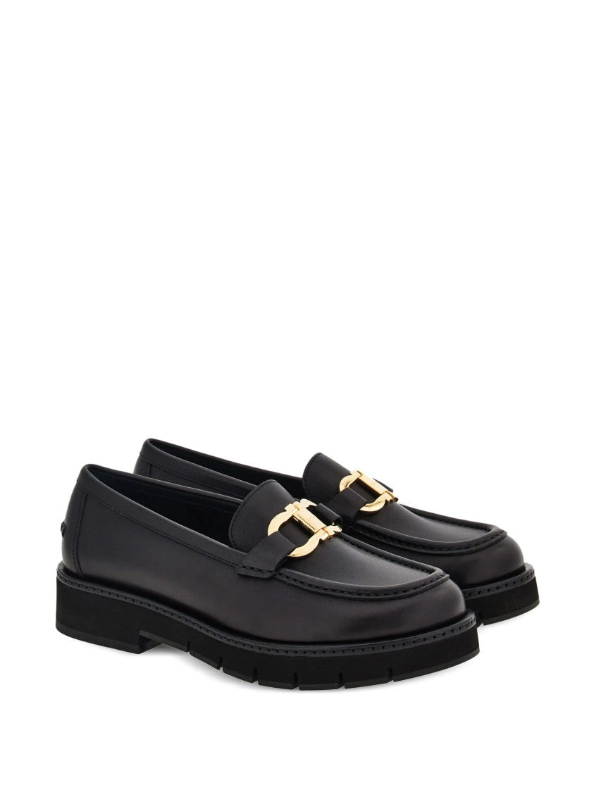 Salvatore Ferragamo Black Maryan Lug Leather Lug Sole Flats