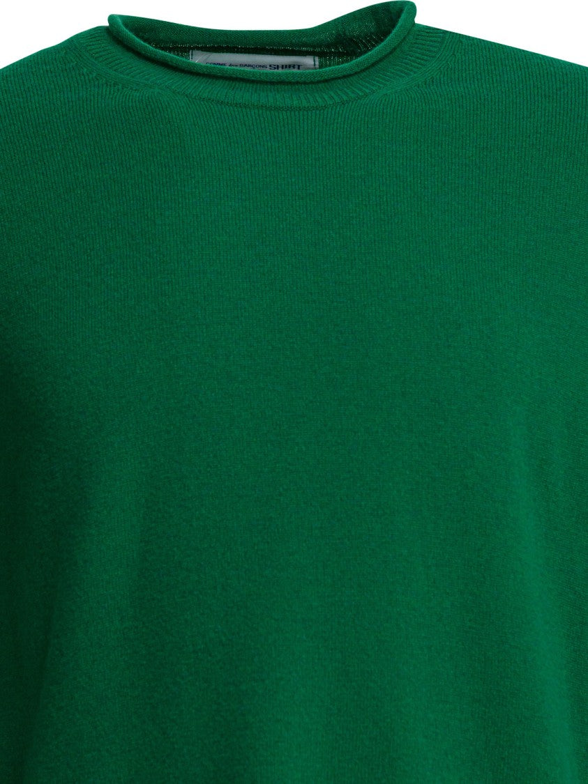 Comme Des Garçons Solid Green Wool Crewneck Sweater With Ribbed Edges