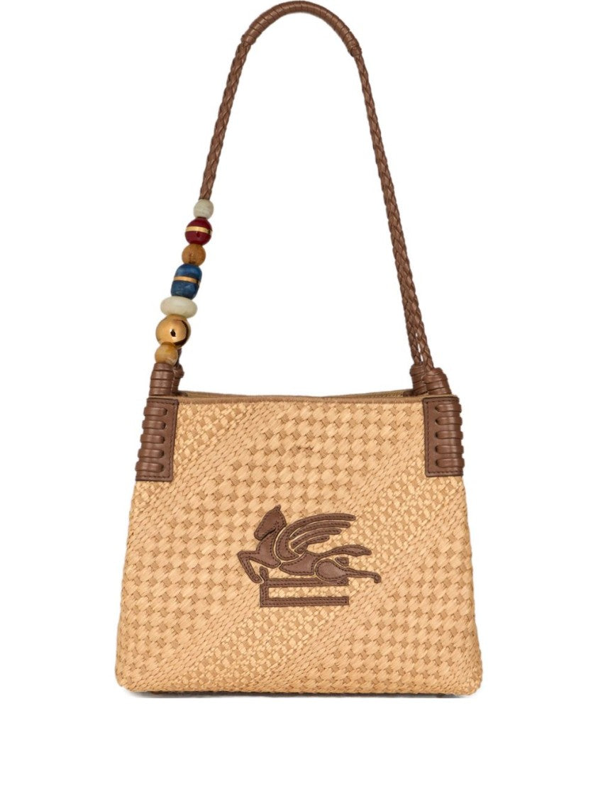 Etro Rectangular Woven Shoulder Bag With Braided Handle And Embellishments