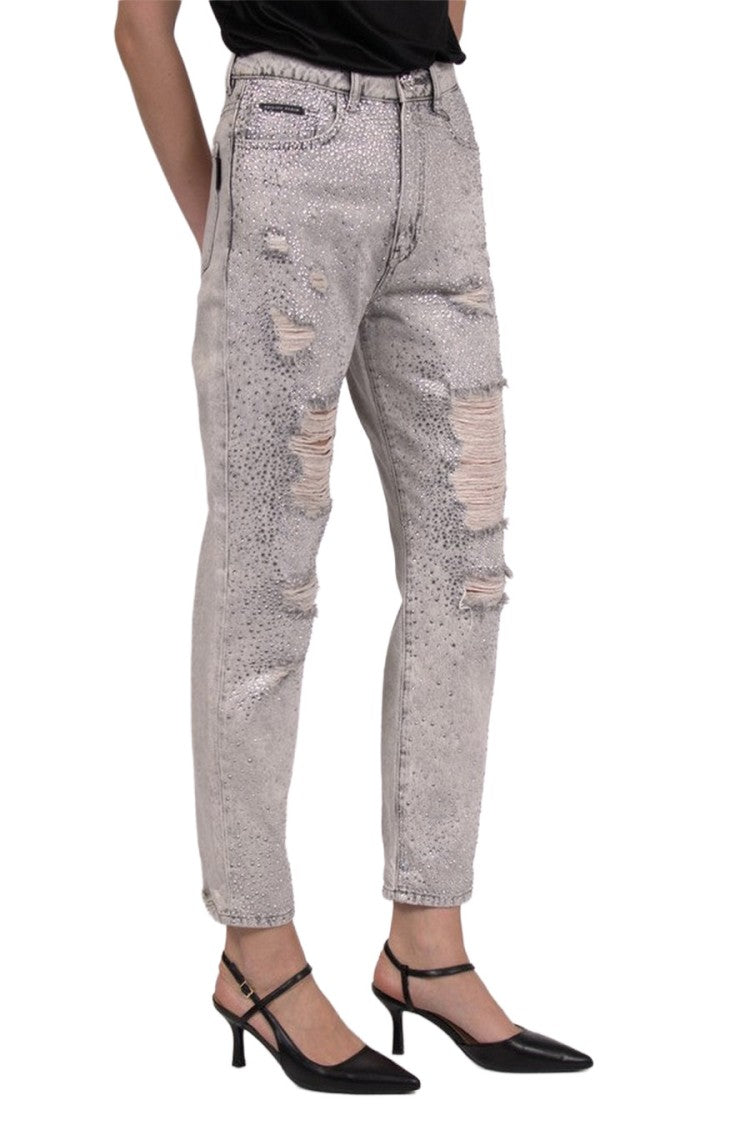Philipp Plein Grey Crystal Embellished Distressed Cotton Jeans