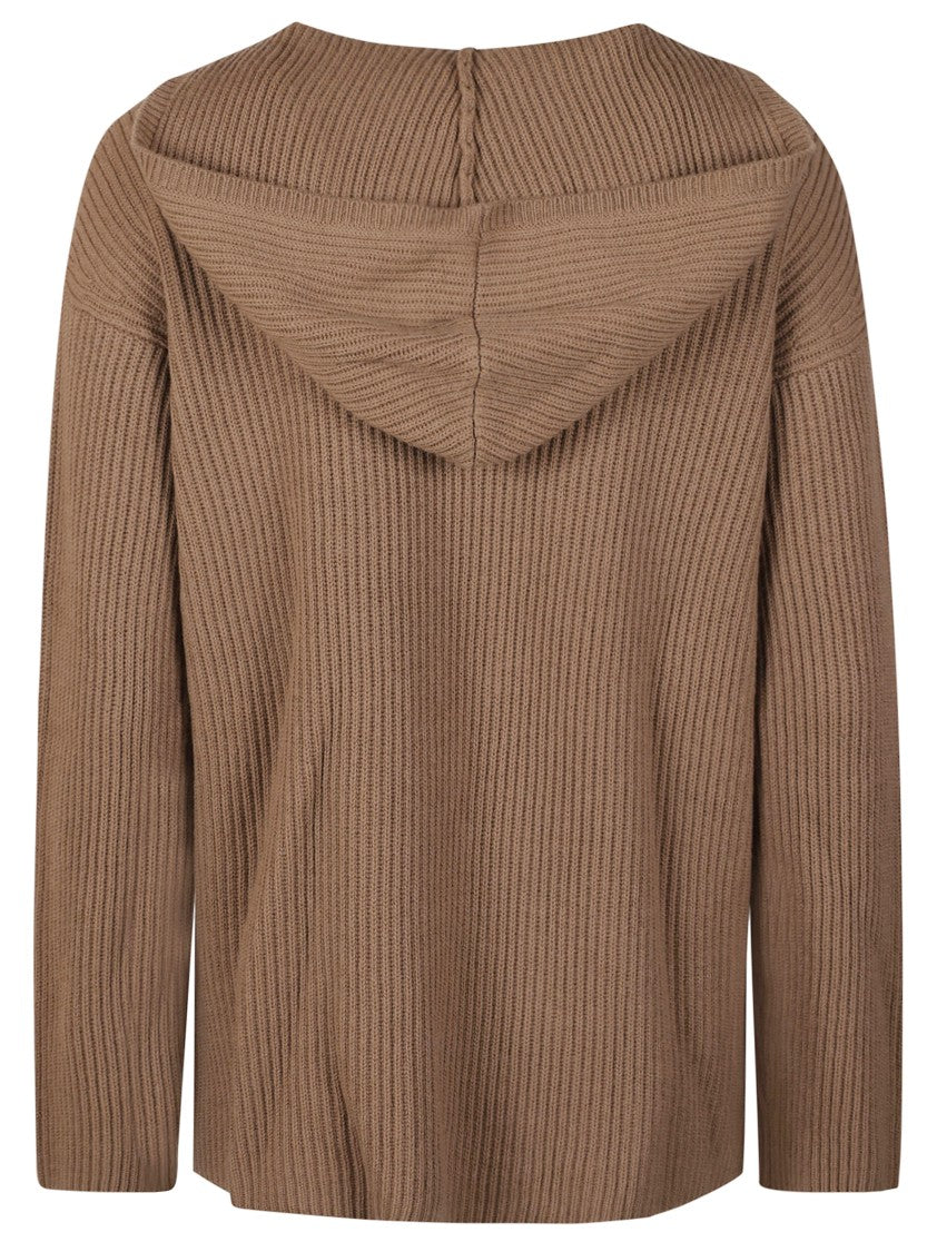 Max Mara Ribbed Knit Sweater With V-Neckline And Attached Hood