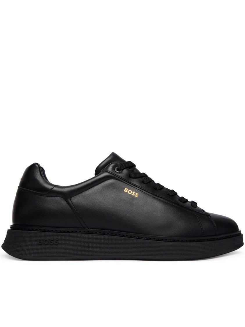 Hugo Boss Black Smooth Leather Gold Logo Sneakers