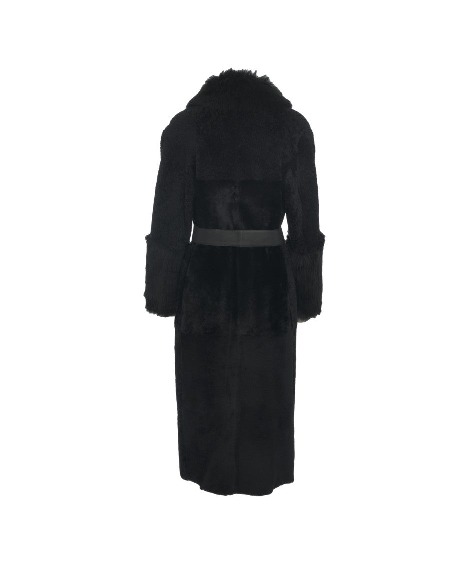 Desa 1972 Voluminous Black Fur Coat With Generous Collar And Waist Belt
