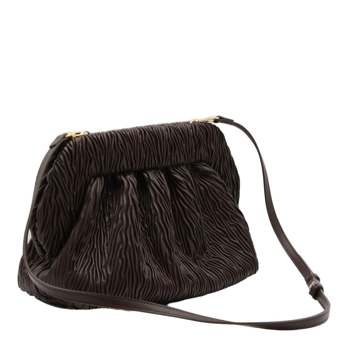 Themoirè Textured Brown Ruched Handbag With Adjustable Strap