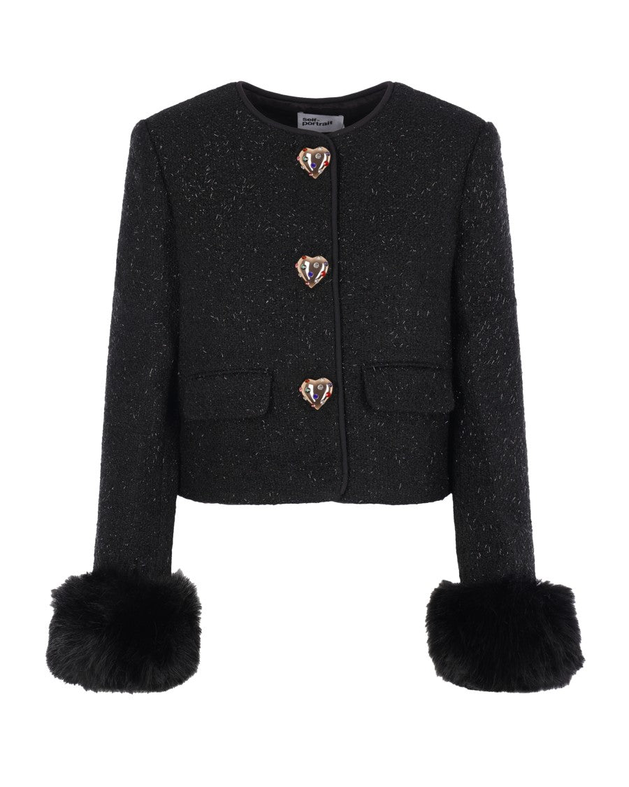 Self-Portrait Cropped Metallic Bouclé Faux Fur Cuff Jacket