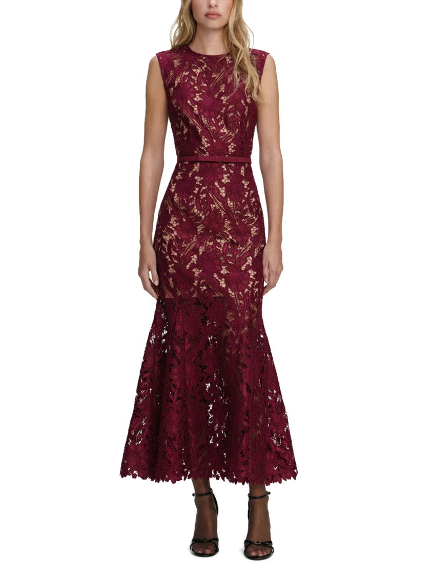 Self-Portrait Burgundy Guipure Lace Midi Dress With Defined Waist