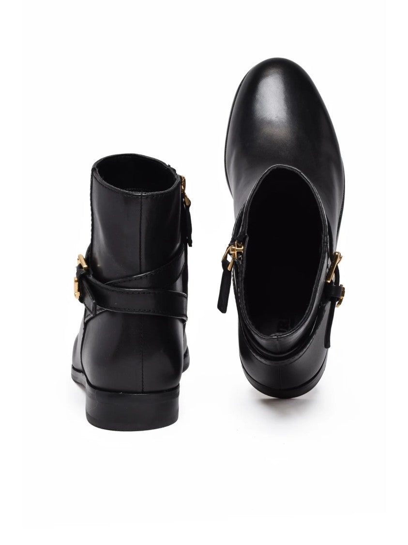 Lauren Ralph Lauren Black Smooth Leather Low Block Heel Ankle Boots