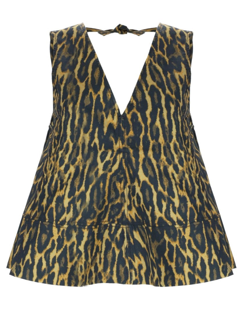 Ganni Leopard Organic Cotton V-Neck Top