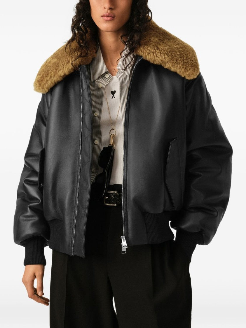 Ami Paris Voluminous Black Leather Jacket With Plush Shearling Collar