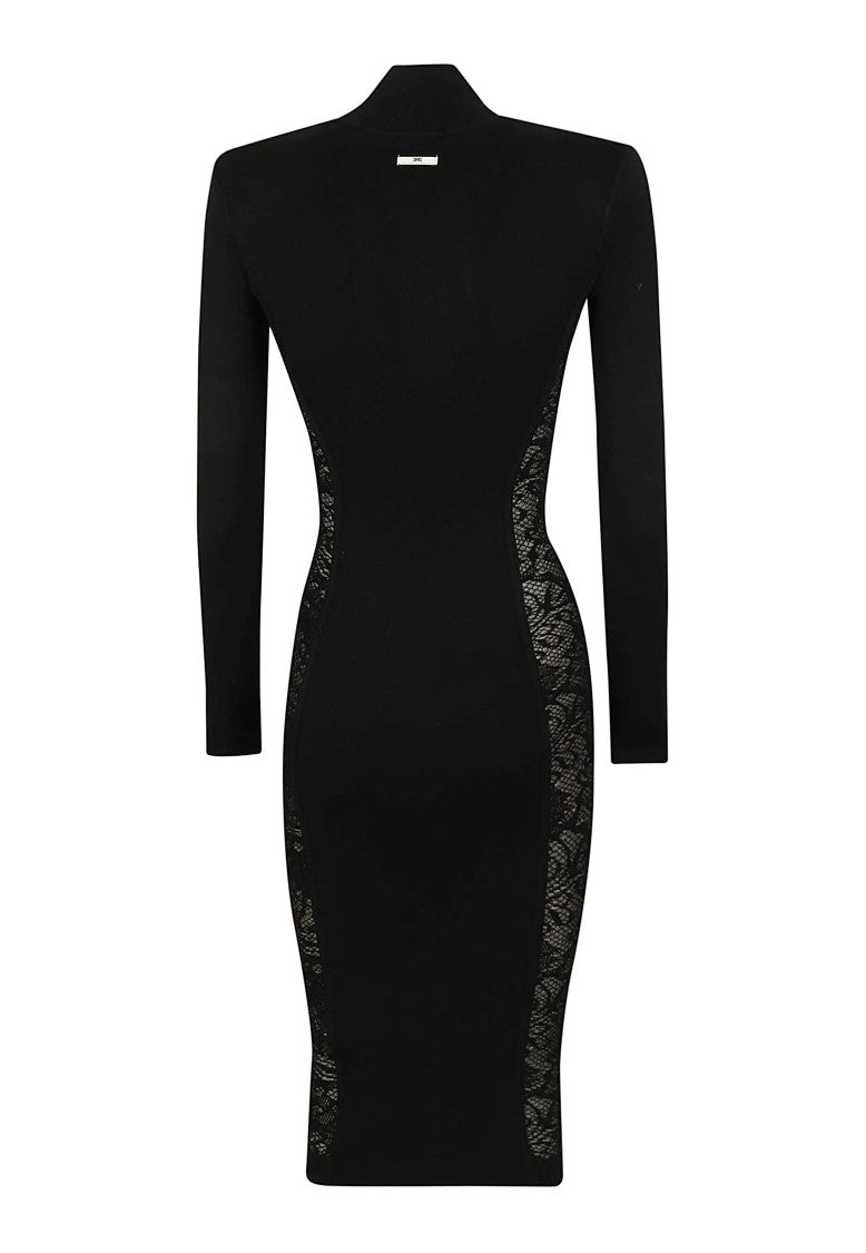 Elisabetta Franchi Ribbed Turtleneck Sheer Lace Insert Knit Dress