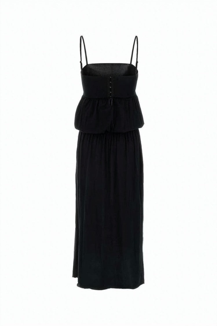 Gimaguas Sleeveless Black Midi Dress With Layered Bodice And Spaghetti Straps