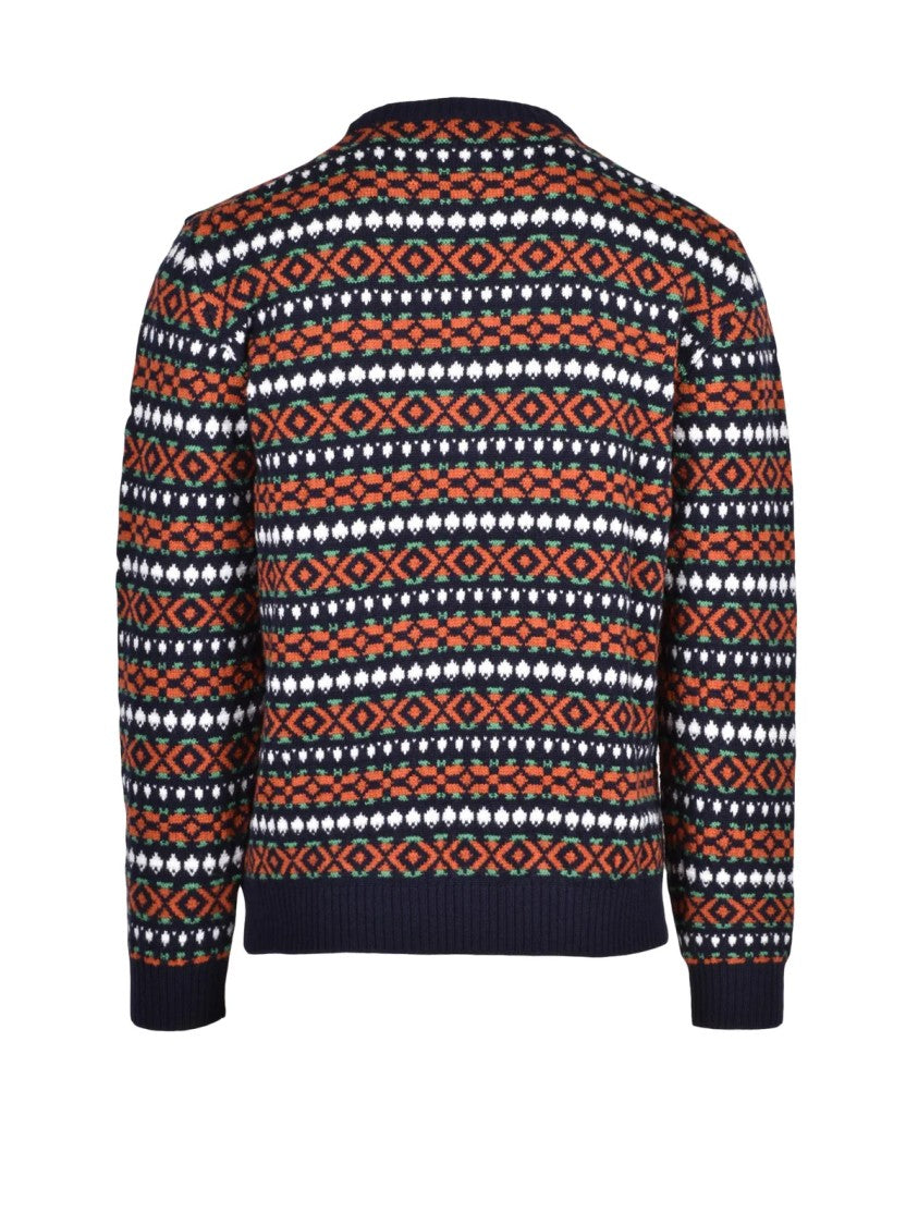 Slowear By Zanone Blue/Orange Geometric Virgin Wool Crewneck Sweater