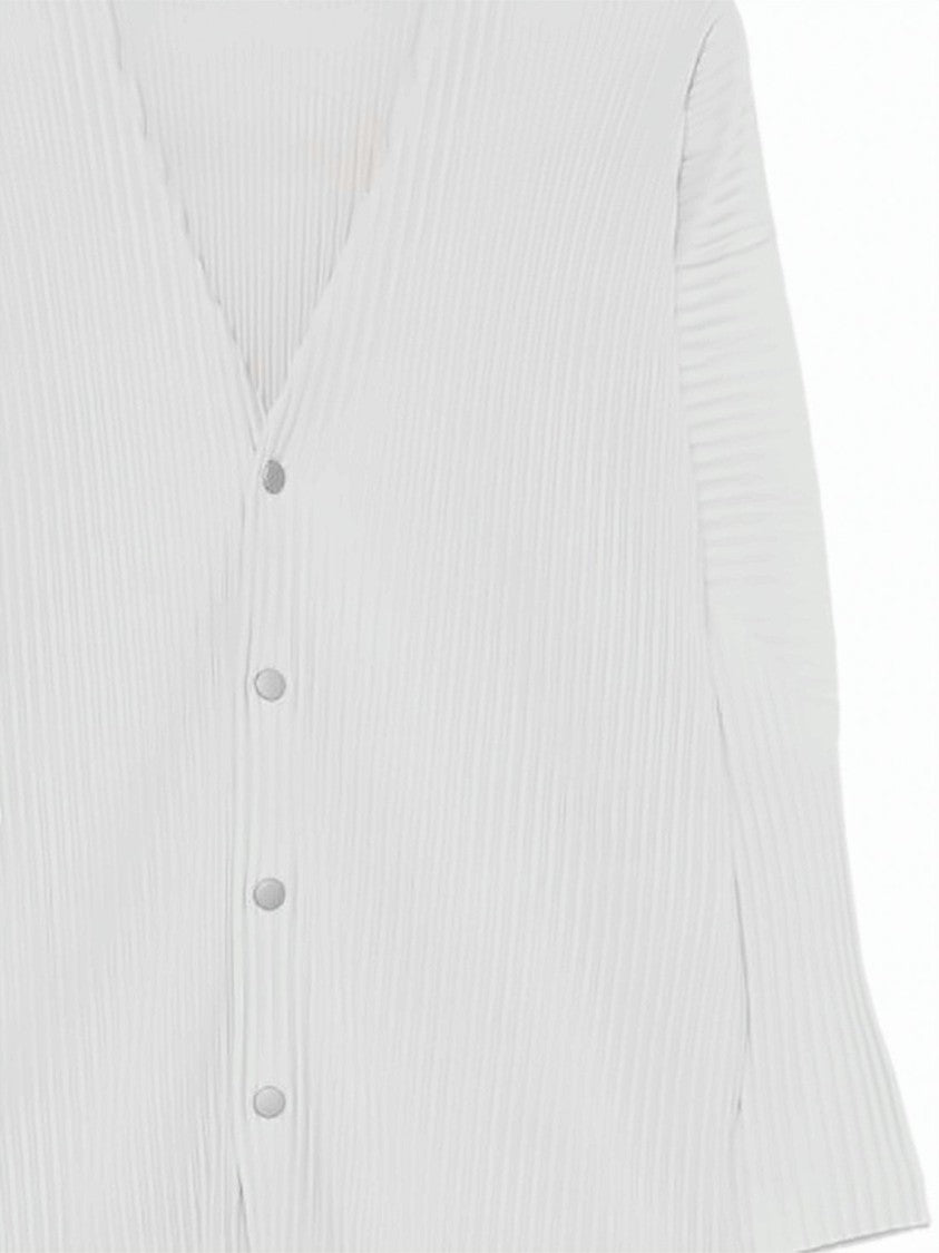 Homme Plissé Issey Miyake Finely Pleated White Cardigan With V-Neckline
