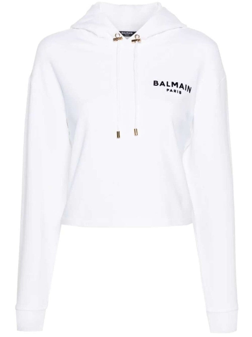 Balmain Blanc Flocked-Logo Cropped Hoodie