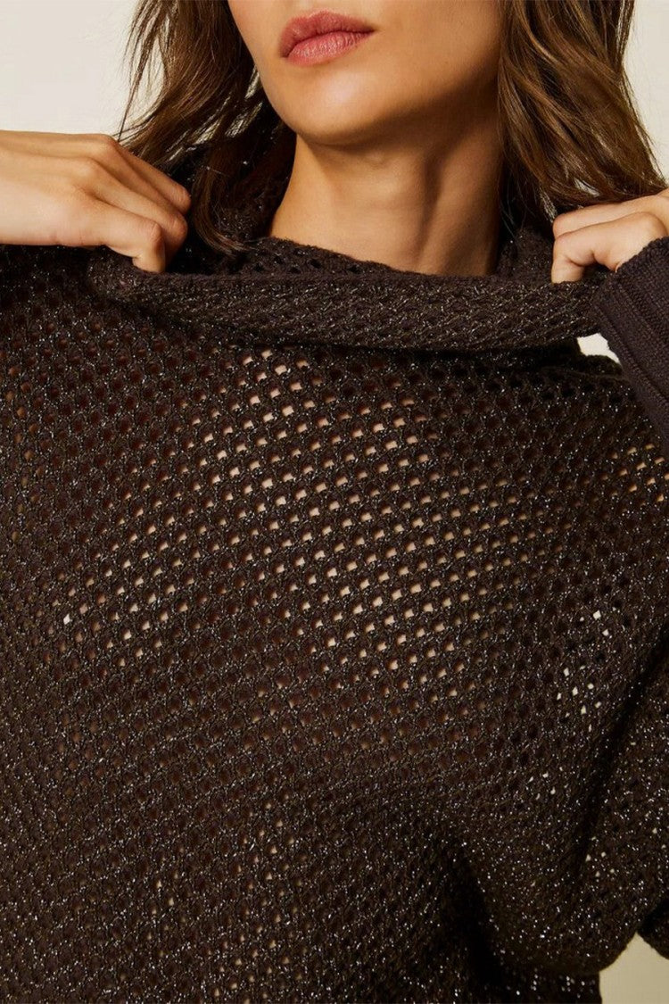 Twin-Set Dark Brown Metallic Honeycomb-Knit Wool-Blend Sweater