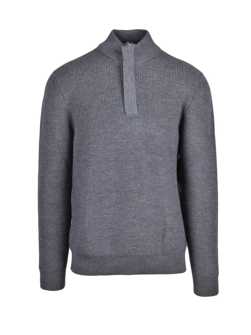 Drumohr Grey Zip Extrafine Merino Wool Mock Neck Sweater
