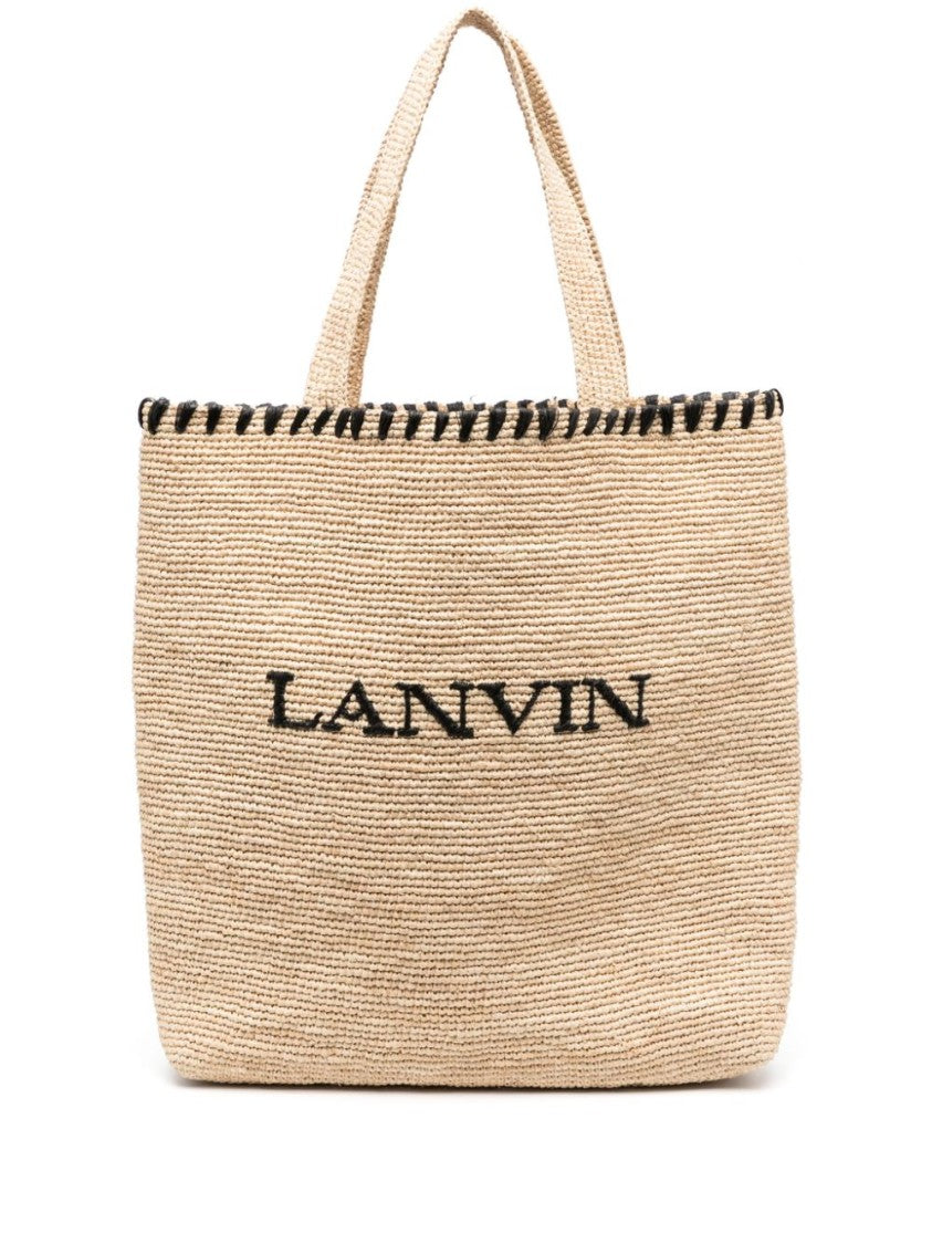 Lanvin Beige Raffia Embroidered Logo Tote Bag