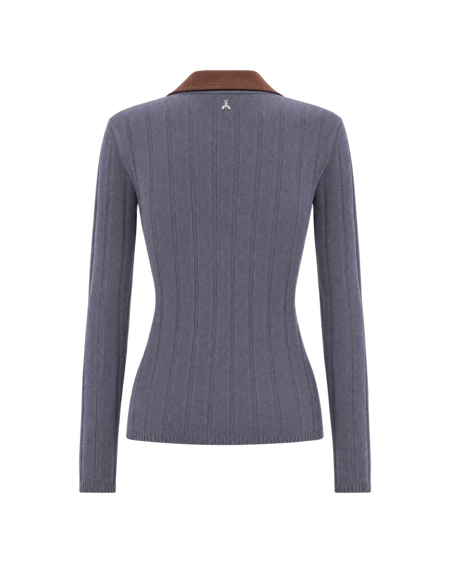 Patrizia Pepe Fitted Ribbed Knit Cardigan With Faux Leather Collar