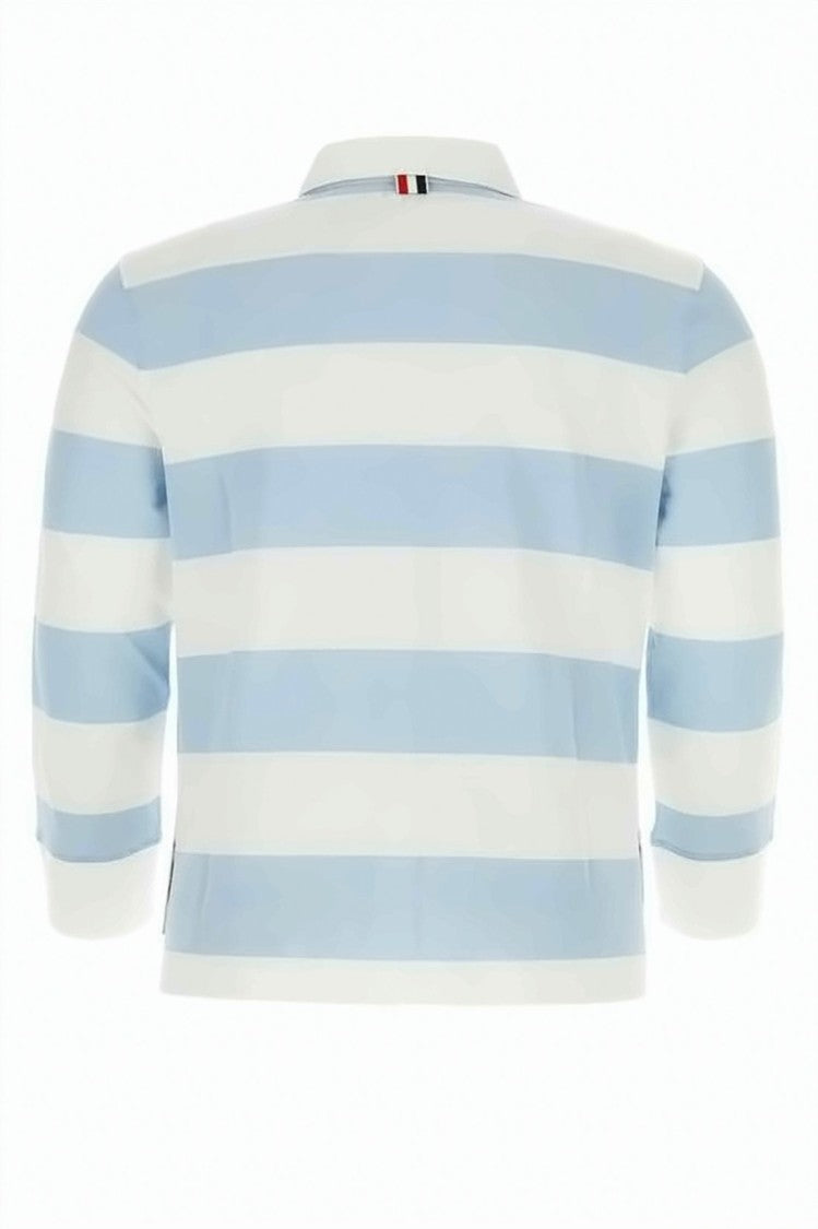 Thom Browne Light Blue And White Striped Polo Shirt With Classic Collar