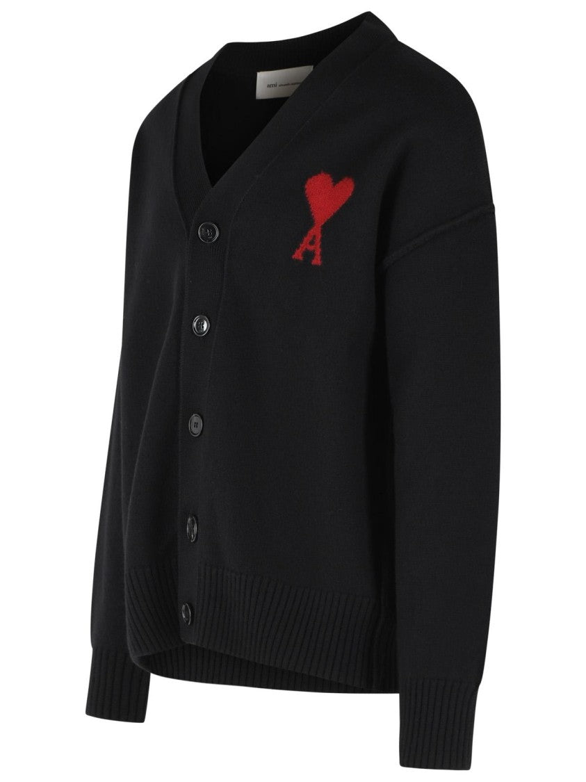 Ami Paris Black Virgin Wool Cardigan With V-Neckline
