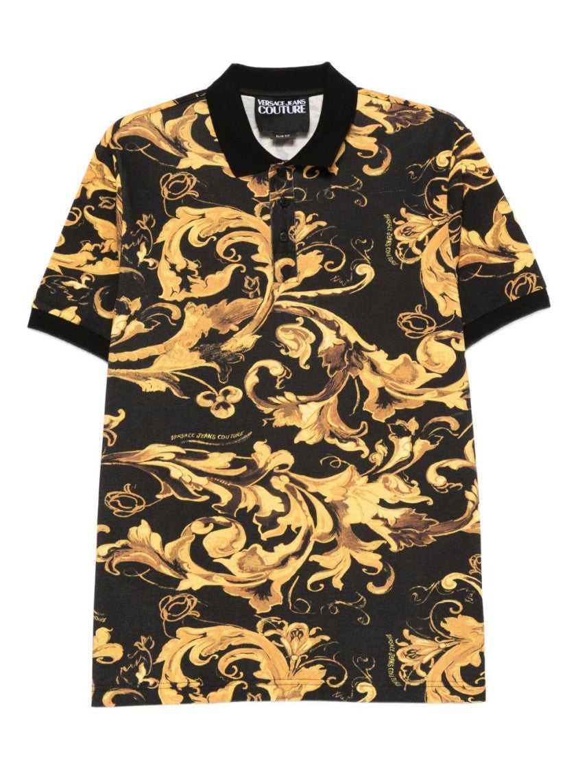Versace Jeans Couture Baroque-Inspired Black And Gold Polo Shirt