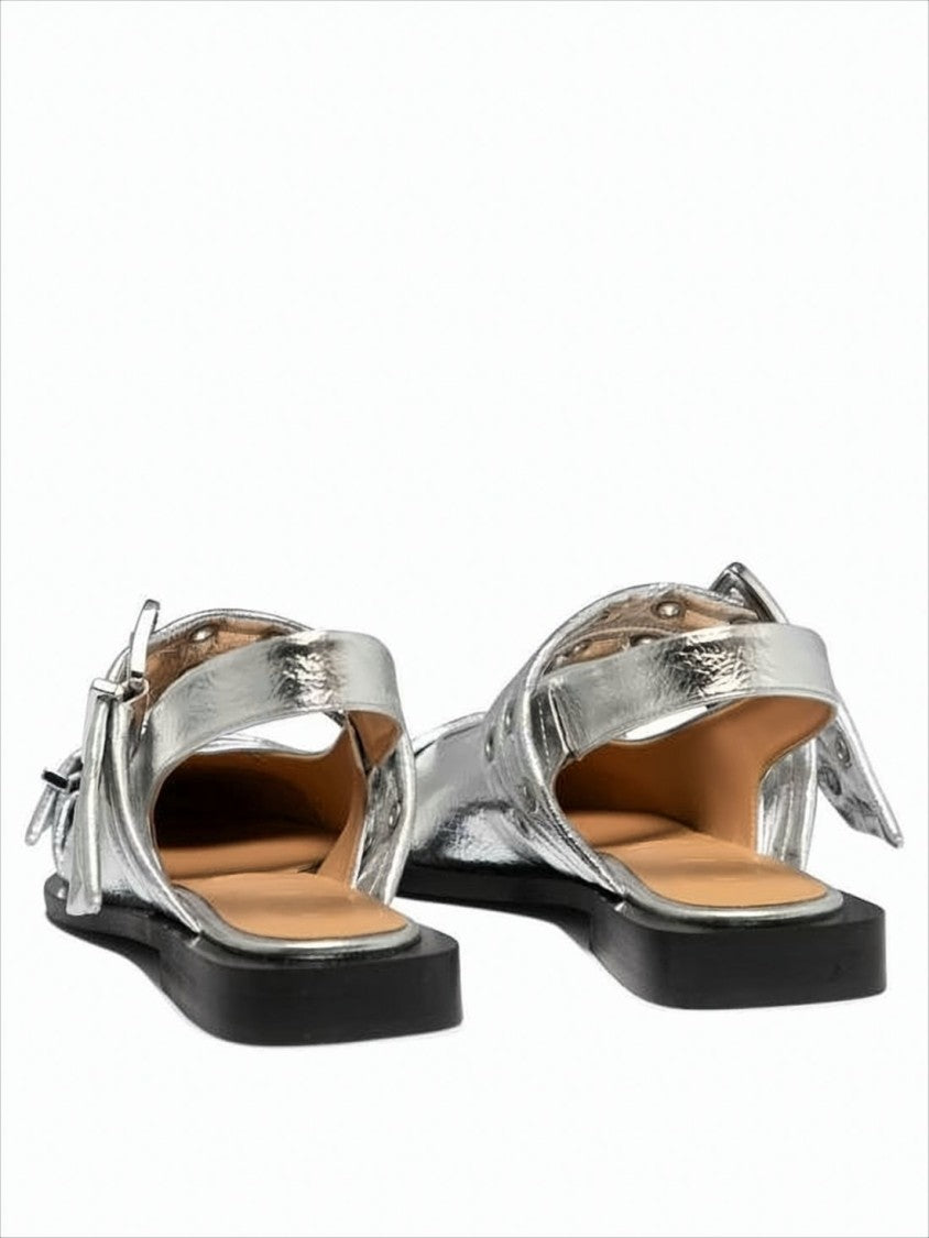 Ganni Pointed Toe Flats With Buckle Detail And Metallic Finish