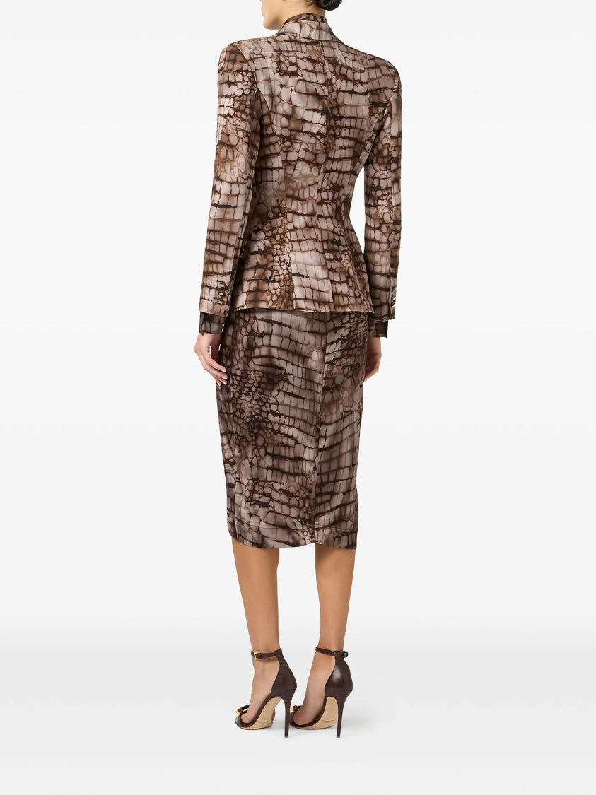 Elisabetta Franchi Tailored Brown Reptile Print Notch Blazer
