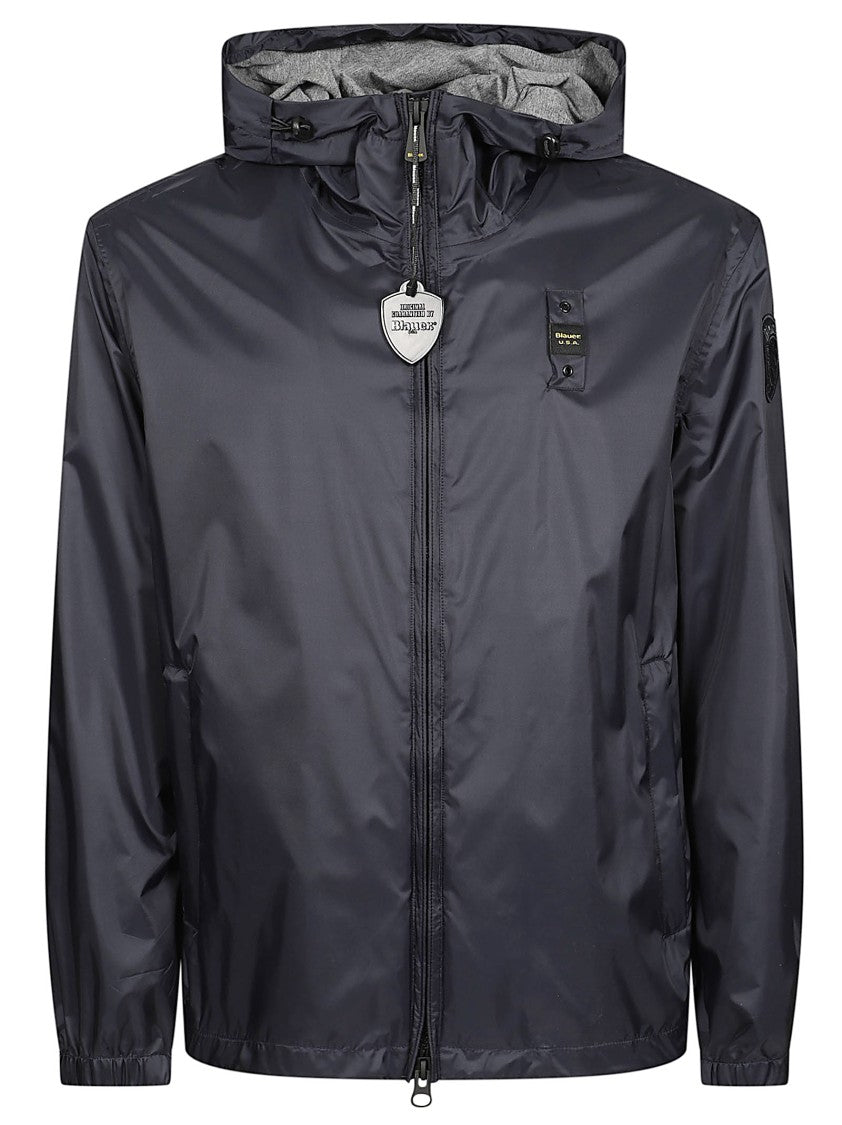 Blauer Lightweight Nylon Windbreaker With Fixed Hood And Functional Details