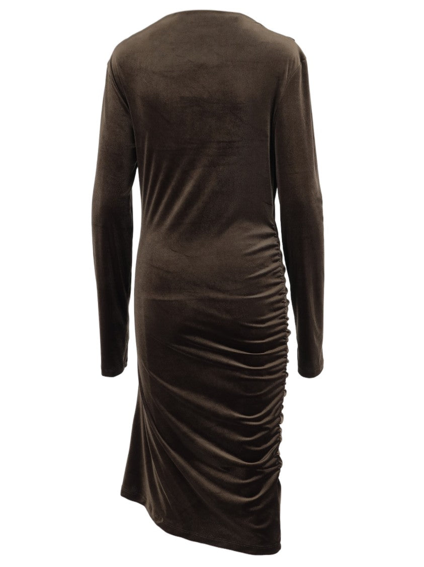 Don't @ Me Brown Side Draped Technical Stretch Jersey Midi Dress