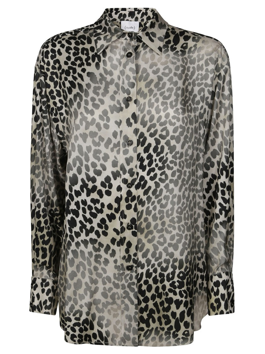 Nude Leopard Print Sheer Blouse With Classic Collar
