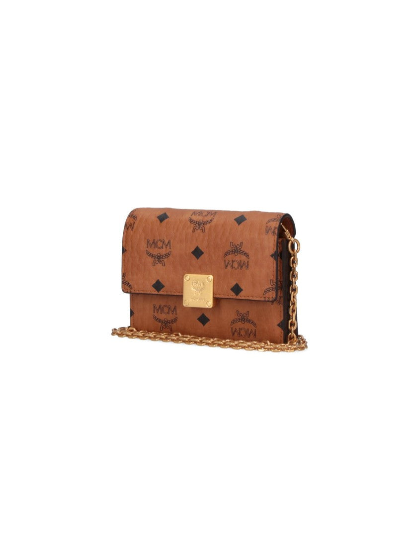Mcm Logo Print Brown Wallet With Chain Strap