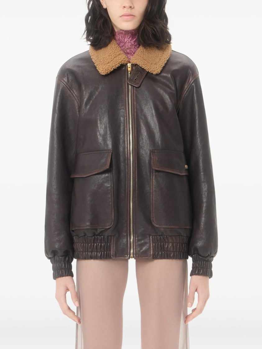 Valentino Brown Shearling Collar Leather Jacket