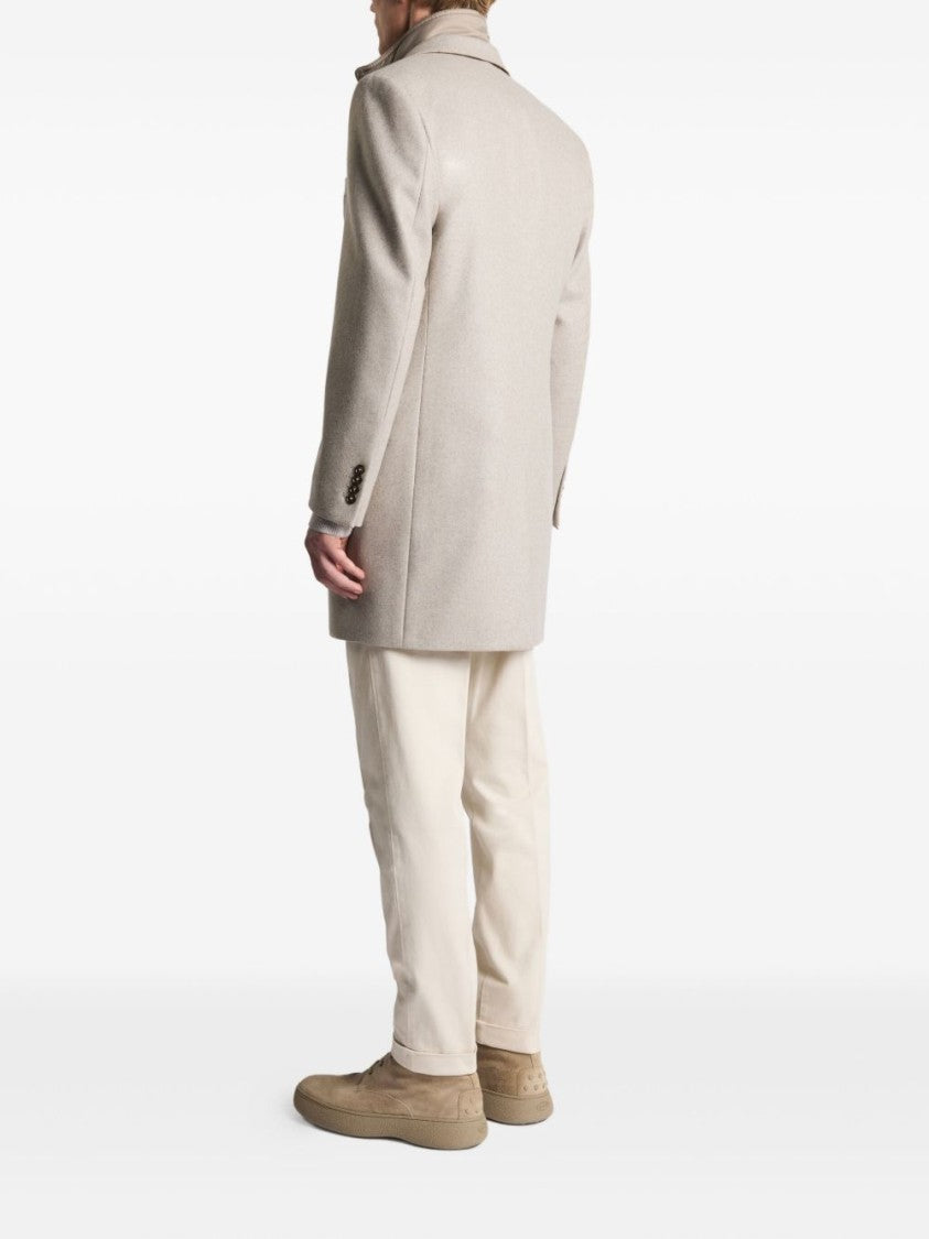 Fay Structured Light Beige Cashmere Coat With Notch Lapels And Flap Pockets