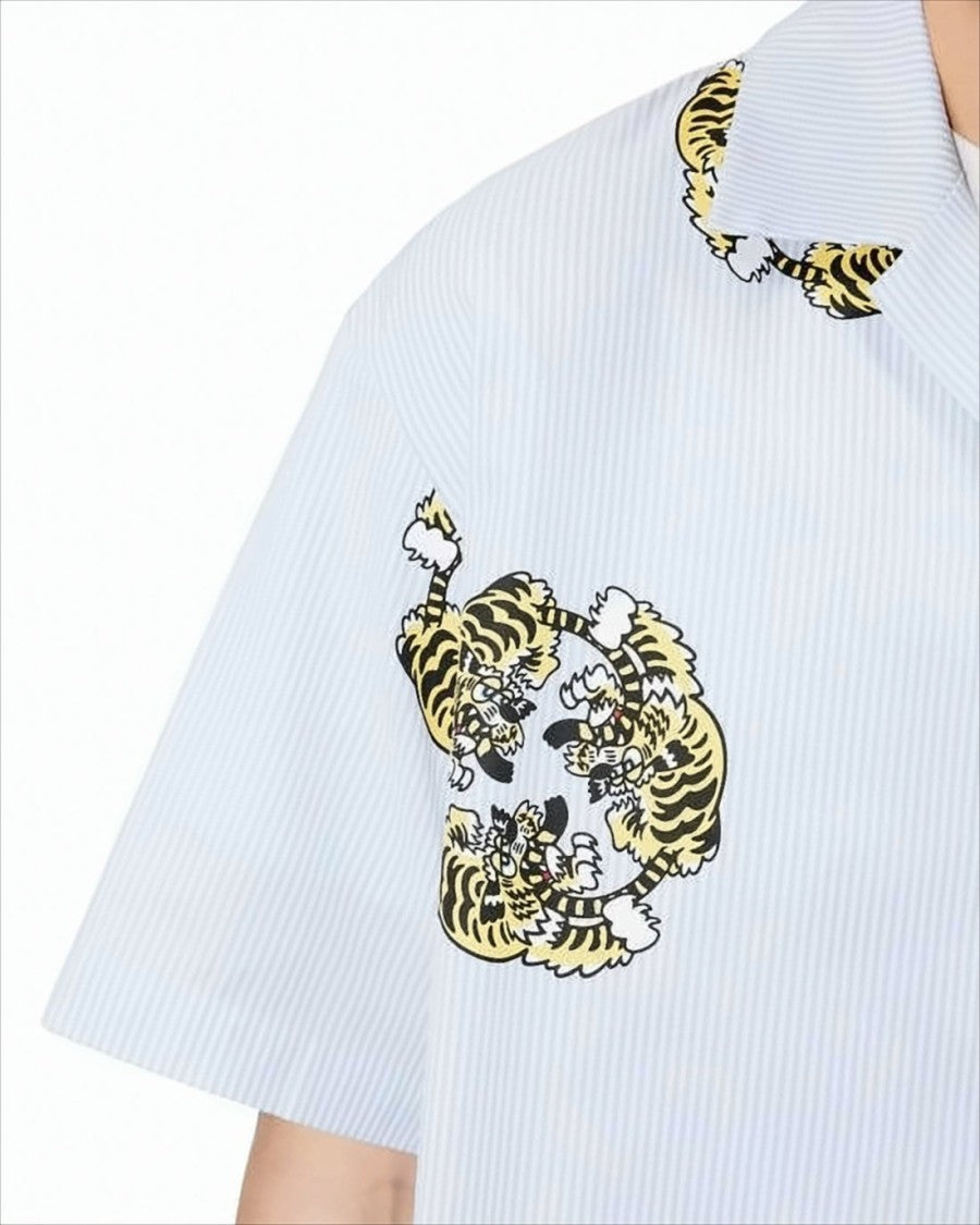 Kenzo Short-Sleeved Light Blue Shirt With Tiger Motifs