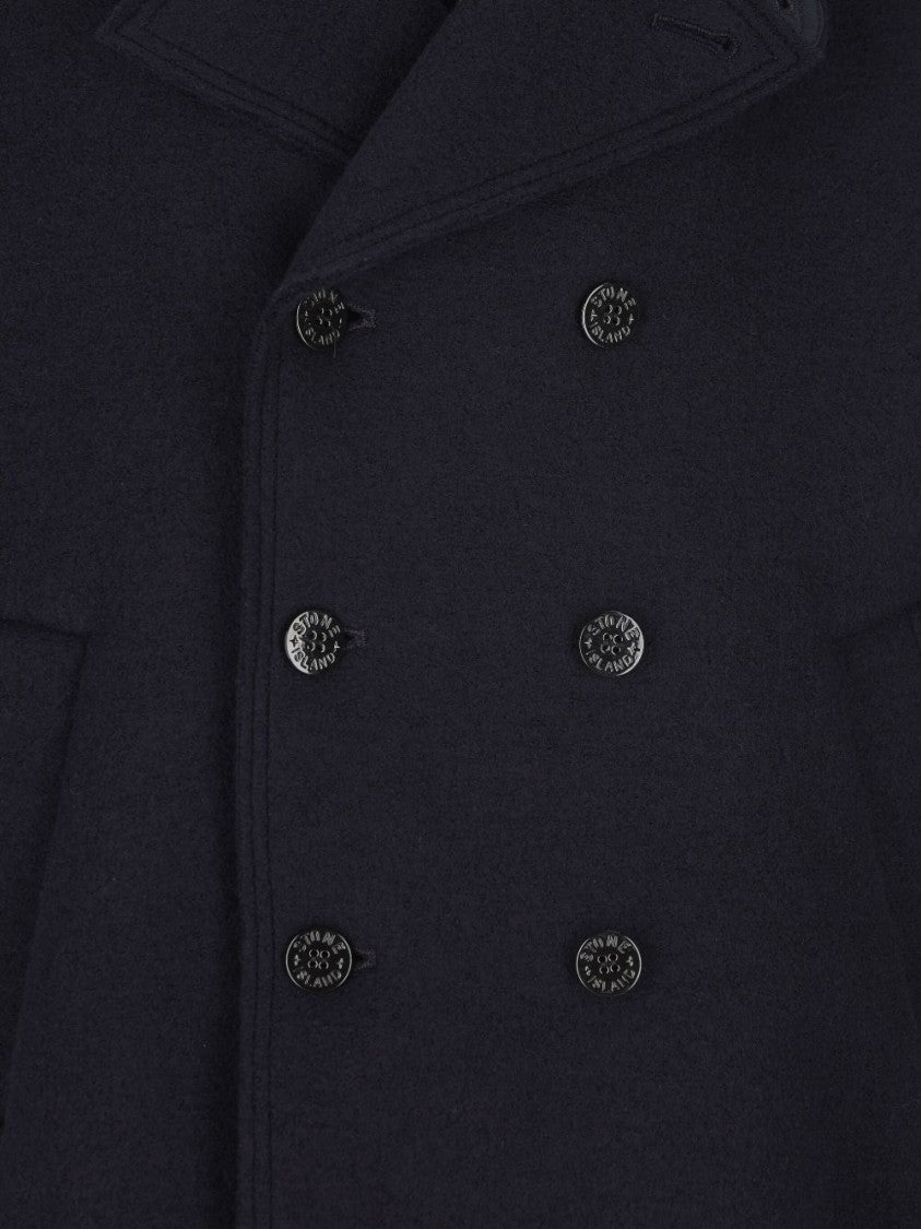 Stone Island Double-Breasted Blue Coat With Structured Collar