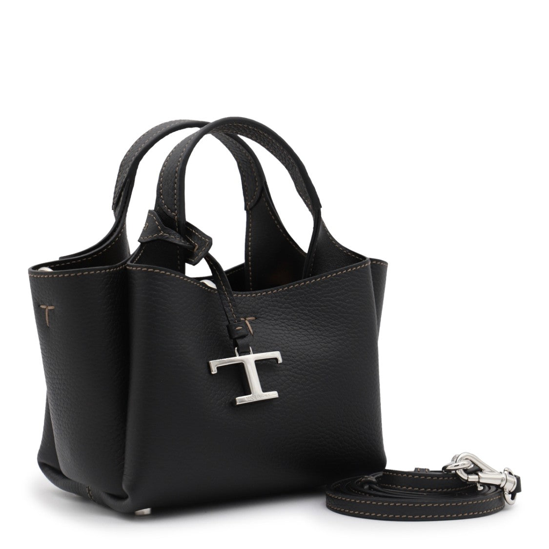 Tod's Textured Black Leather Tote With Silver Accents And Versatile Strap